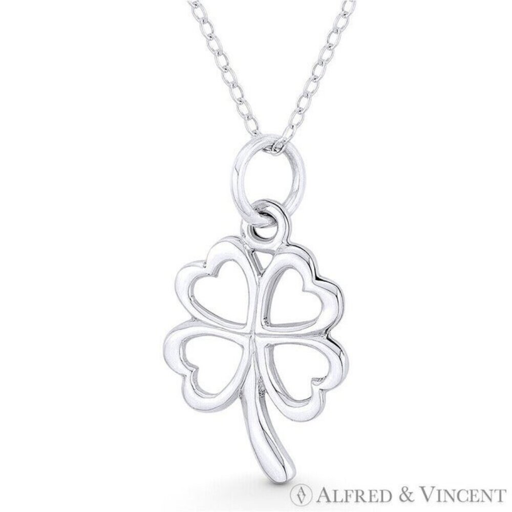 4-Heart Shamrock Leaf Irish Luck Charm Pendant in .925 Sterling Silver